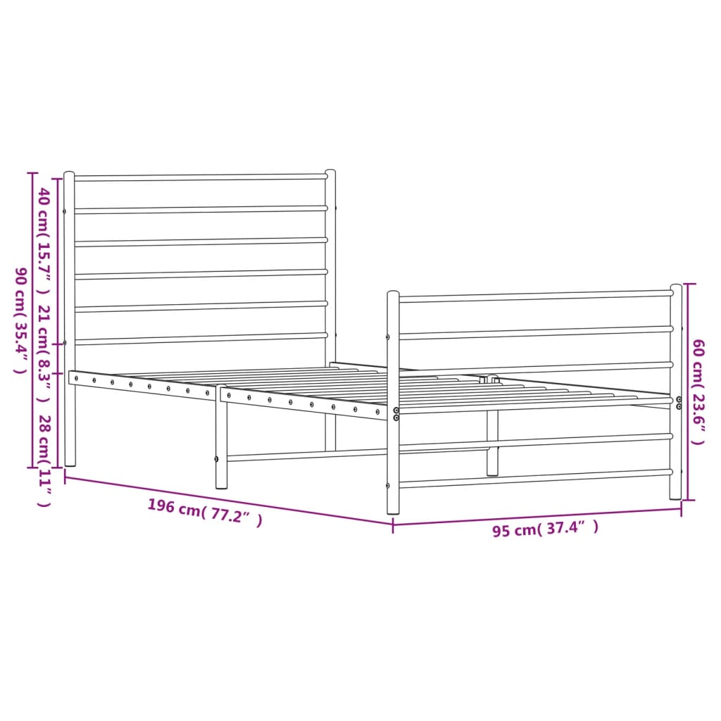 vidaXL Metalni okvir kreveta uzglavlje i podnožje bijeli 90x190 cm