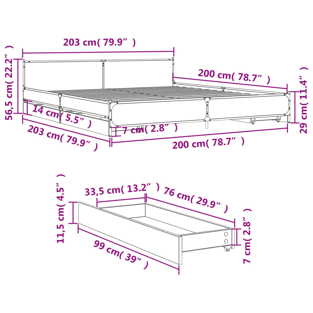 vidaXL Okvir za krevet s ladicama boja hrasta 200x200 cm drveni