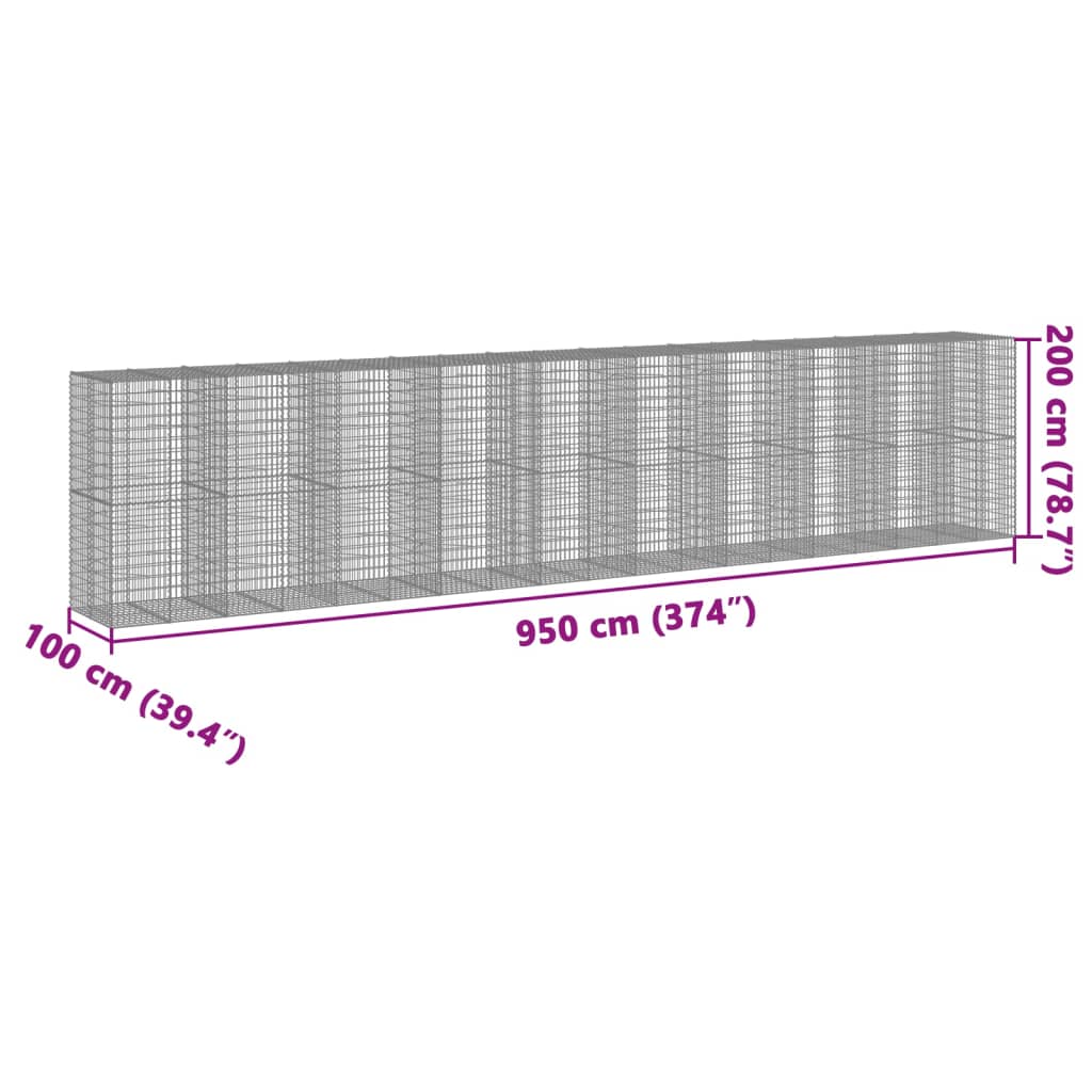 vidaXL Gabionska košara s poklopcem 950x100x200 cm pocinčano željezo