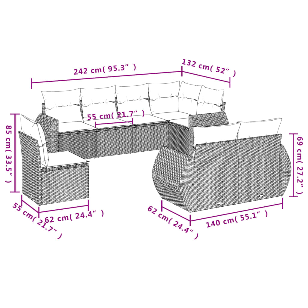 vidaXL 8-dijelni set vrtnih sofa od poliratana s jastucima crni