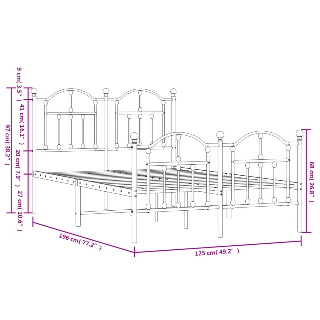 vidaXL Metalni okvir kreveta uzglavlje i podnožje crni 120x190 cm