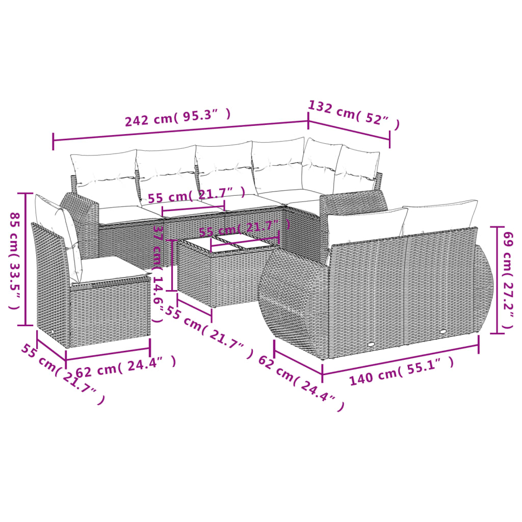 vidaXL 9-dijelni set vrtnih sofa s jastucima crni od poliratana