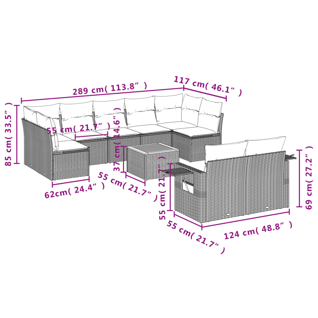 vidaXL 10-dijelni set vrtnih sofa s jastucima crni od poliratana