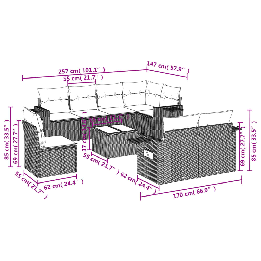 vidaXL 9-dijelni set vrtnih sofa s jastucima crni od poliratana