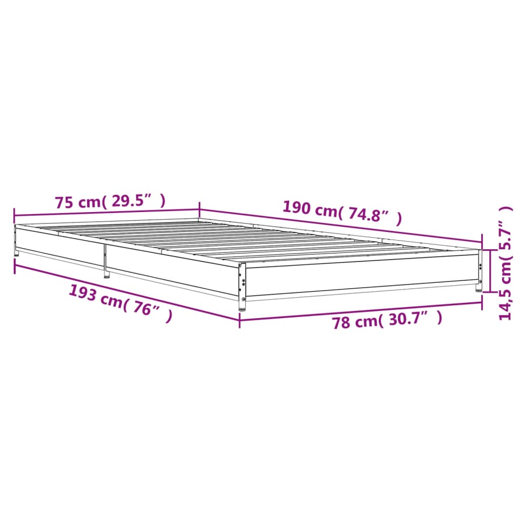 vidaXL Okvir za krevet boja hrasta 75x190 cm konstruirano drvo i metal