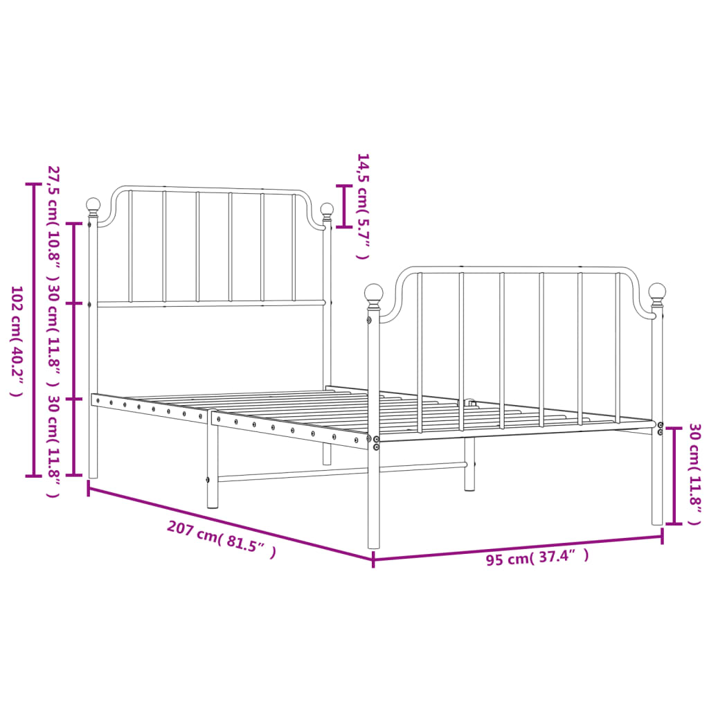 vidaXL Metalni okvir kreveta s uzglavljem i podnožjem crni 90 x 200 cm