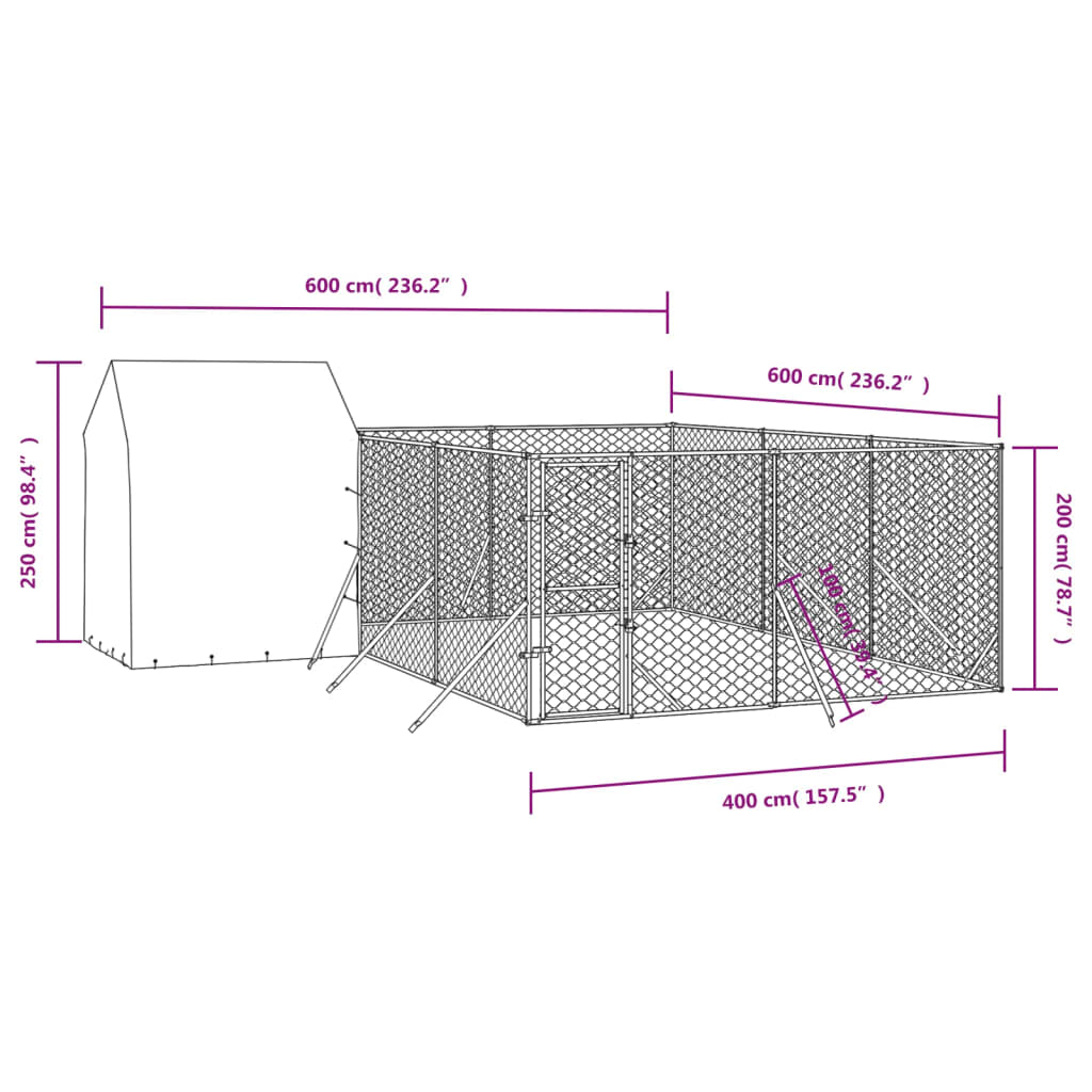 vidaXL Vanjski kavez za pse s krovom srebrni 6x6x2,5 m pocinčani čelik