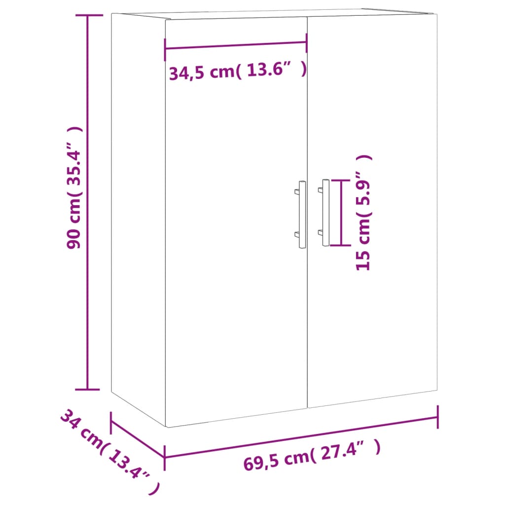 vidaXL Zidni ormarić visoki sjaj bijeli 69,5 x 34 x 90 cm