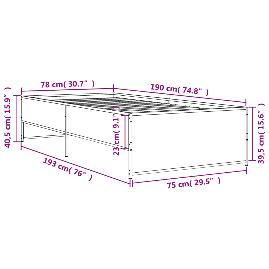 vidaXL Okvir kreveta boja hrasta 75 x 190 cm konstruirano drvo i metal