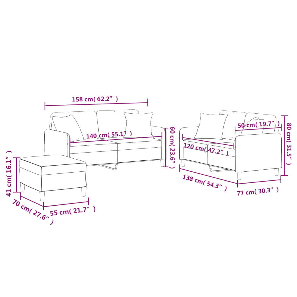 vidaXL 3-dijelni set sofa s jastucima svjetlosivi od tkanine