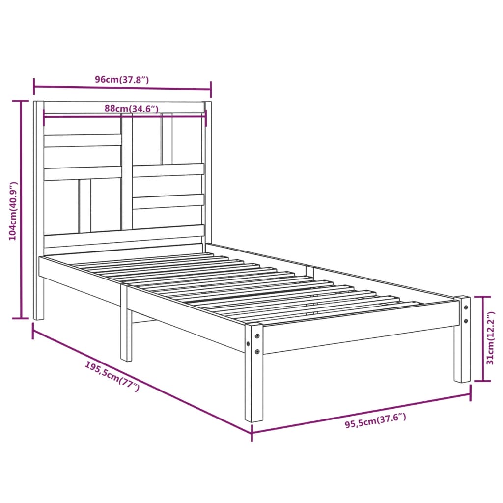 vidaXL Okvir za krevet crni masivno drvo 90 x 190 cm 3FT jednokrevetni