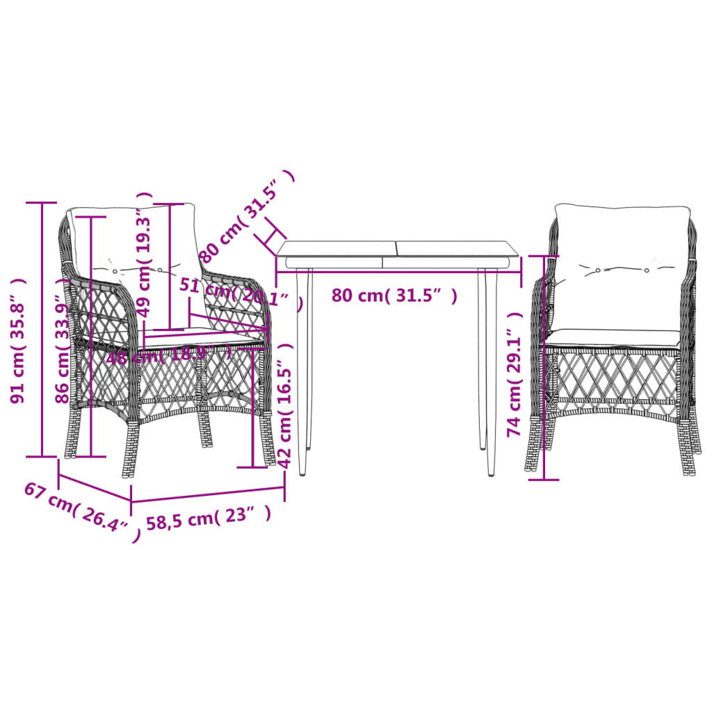 vidaXL 3-dijelni bistro set s jastucima smeđi od poliratana