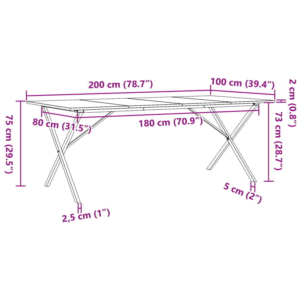 vidaXL Blagovaonski stol X-oblika 200x100x75 cm od borovine i željeza