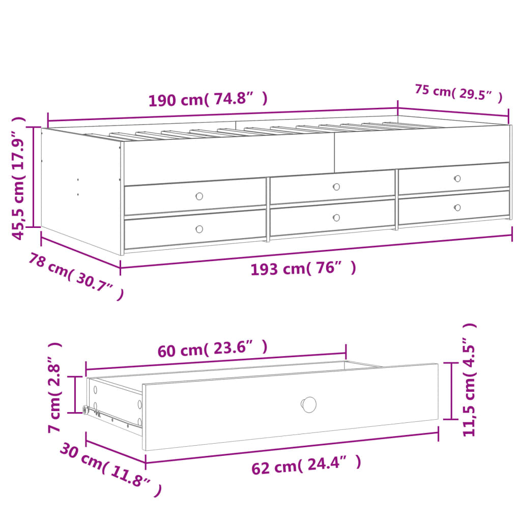 vidaXL Dnevni krevet s ladicama bez madraca smeđa hrasta 75x190 cm