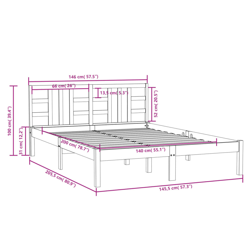 vidaXL Okvir za krevet od masivnog drva 140 x 200 cm