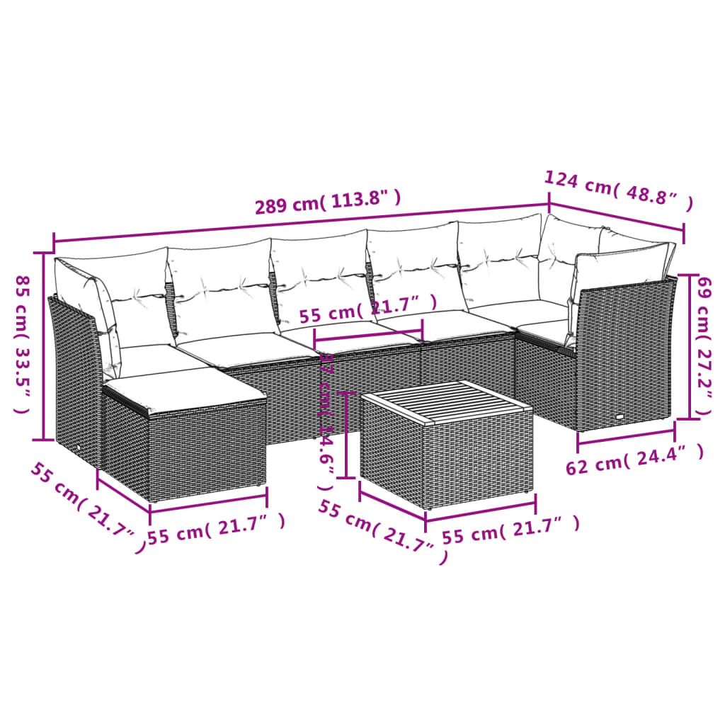 vidaXL 8-dijelni set vrtnih sofa od poliratana s jastucima sivi