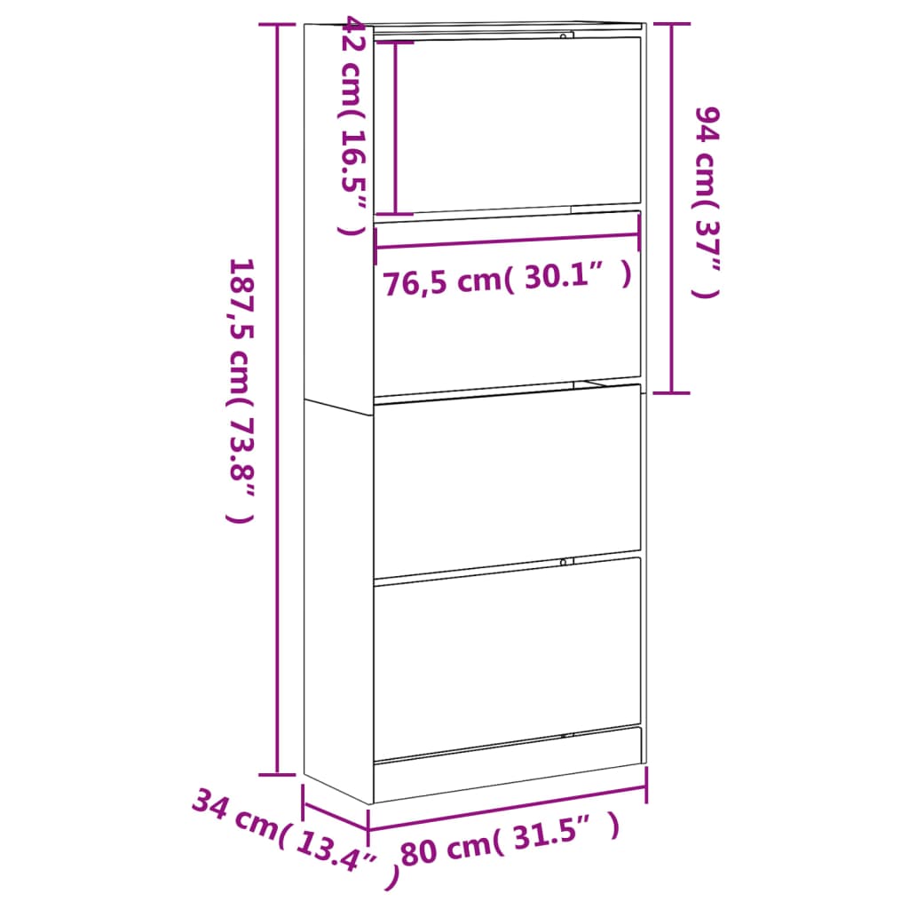 vidaXL Ormarić za cipele s 4 ladice boja hrasta 80 x 34 x 187,5 cm