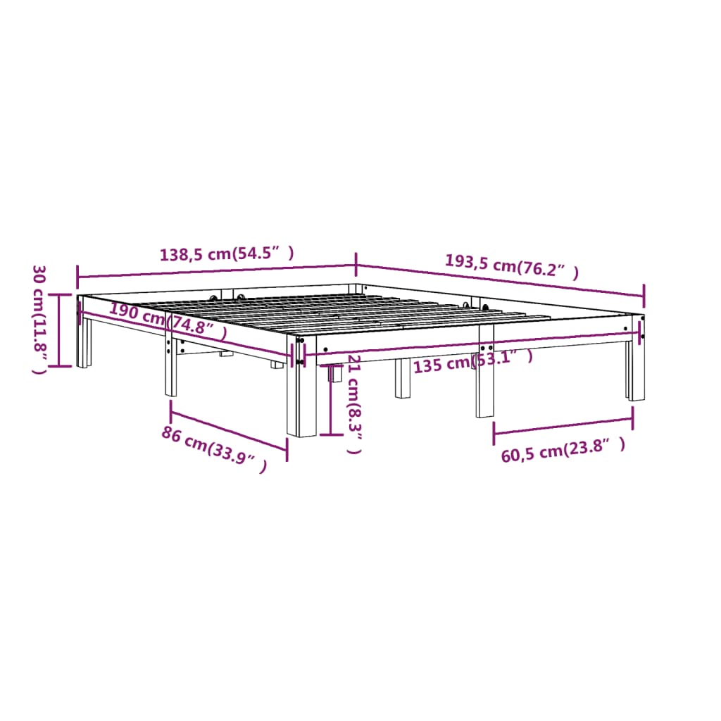 vidaXL Okvir za krevet od masivnog drva crni 135 x 190 cm 4FT6 bračni