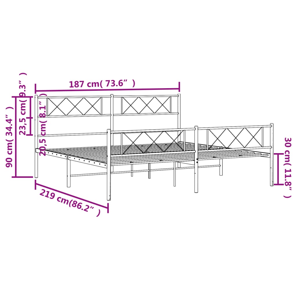 vidaXL Metalni okvir kreveta uzglavlje i podnožje bijeli 183x213 cm