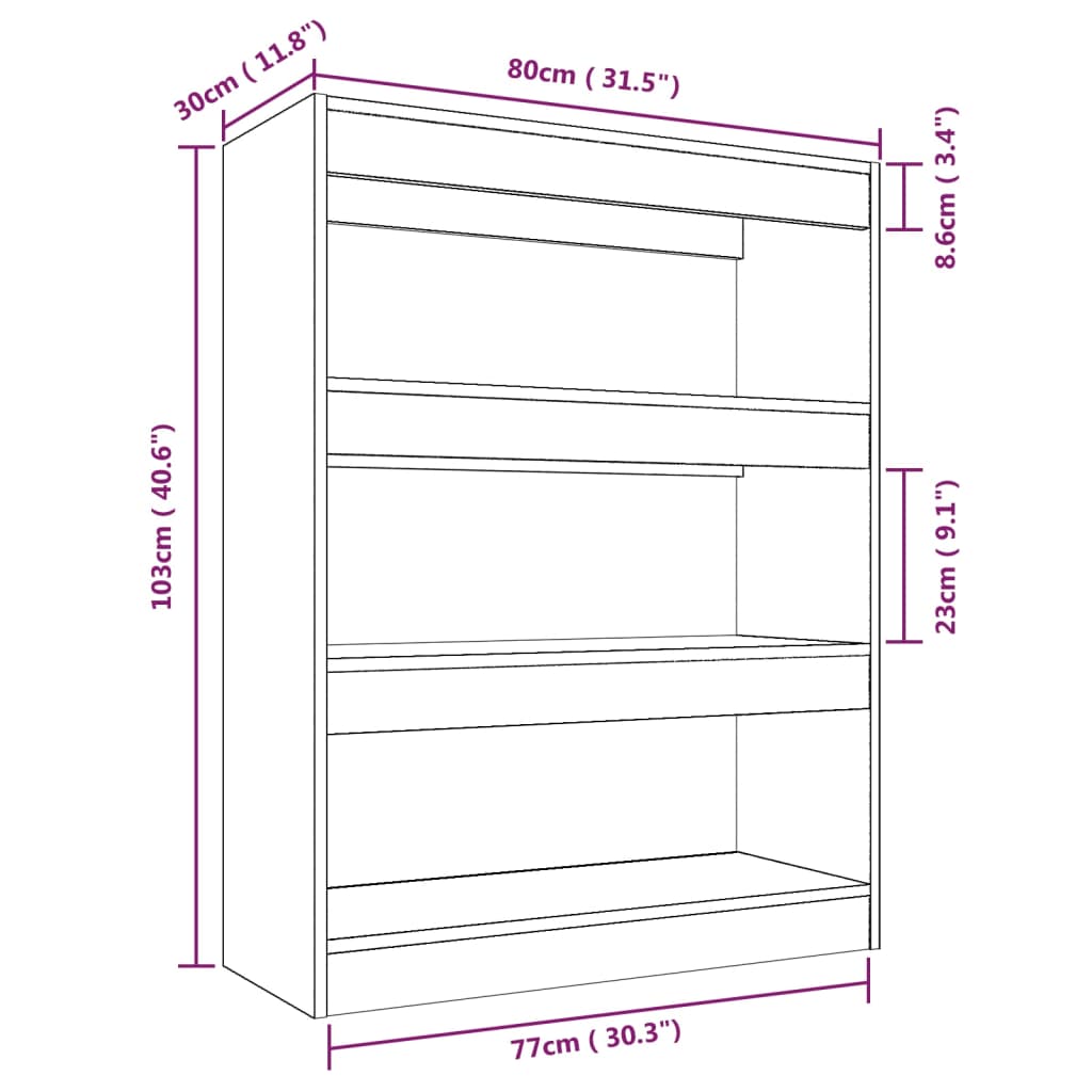 vidaXL Ormarić za knjige / pregrada sivi hrast 80 x 30 x 103 cm drveni