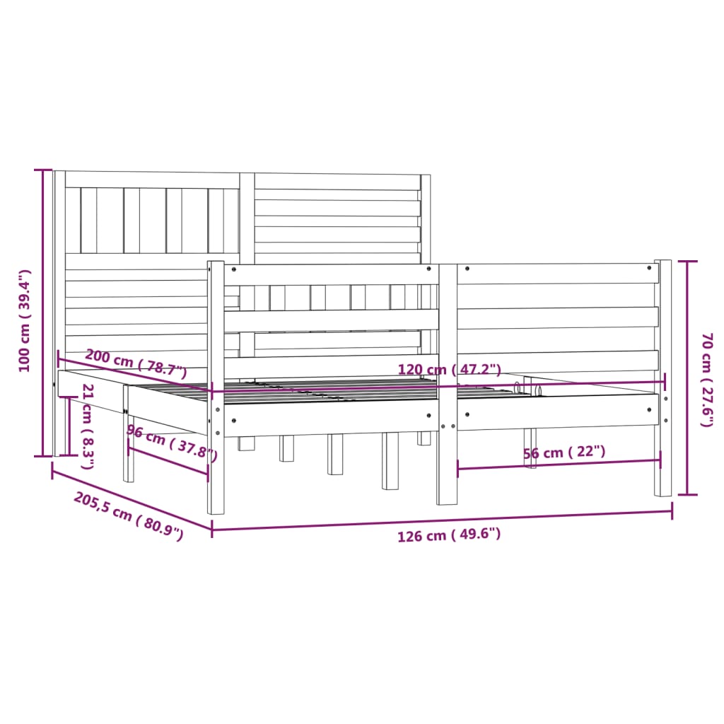 vidaXL Okvir za krevet od masivnog drva crni 120 x 200 cm