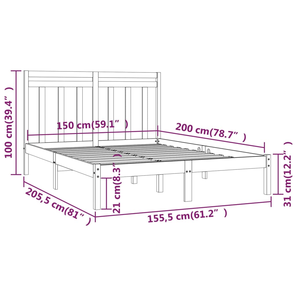 vidaXL Okvir za krevet od masivnog drva 150 x 200 cm 5FT veliki bračni