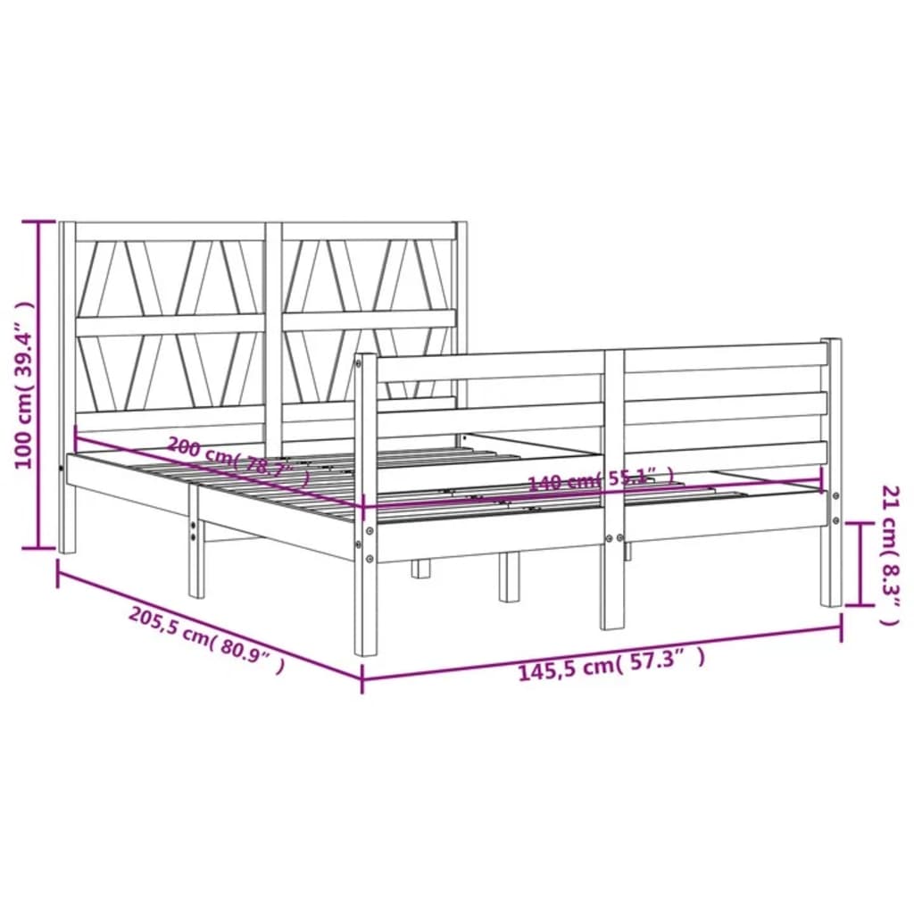 vidaXL Okvir za krevet s uzglavljem bijeli 140x200 cm od masivnog drva