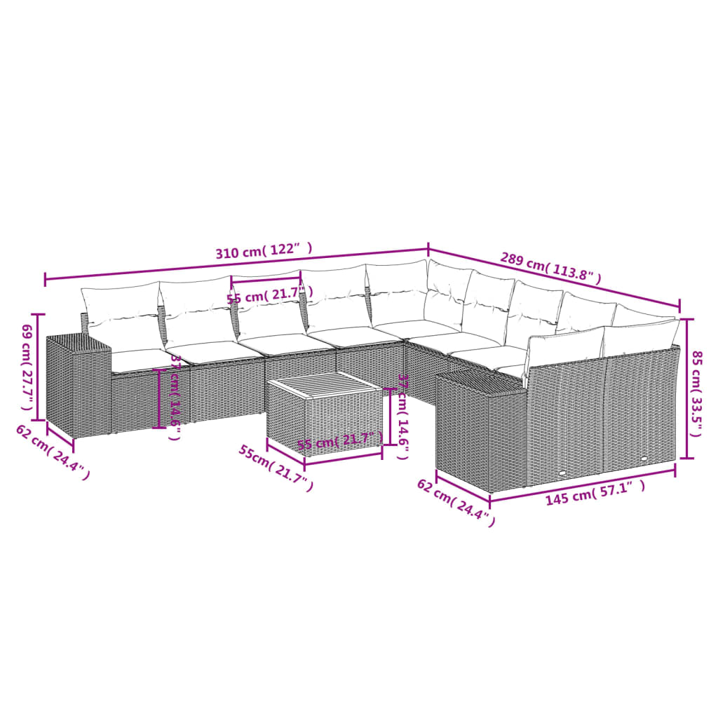 vidaXL 11-dijelni set vrtnih sofa od poliratana s jastucima sivi