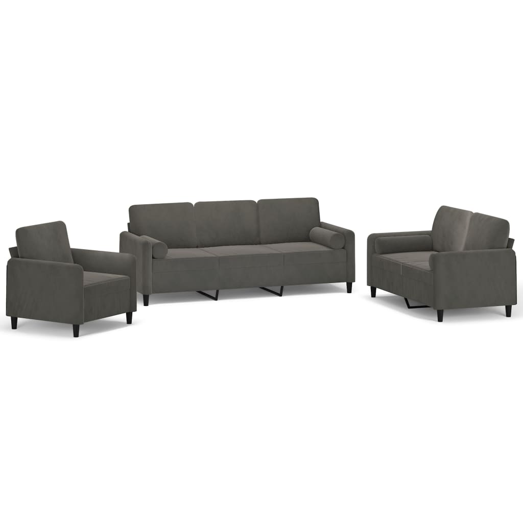 vidaXL 3-dijelni set sofa s jastucima tamnosivi baršunasti