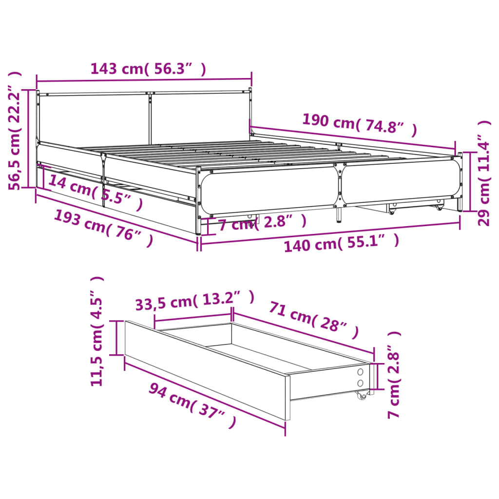 vidaXL Okvir za krevet s ladicama boja hrasta 140x190 cm drveni