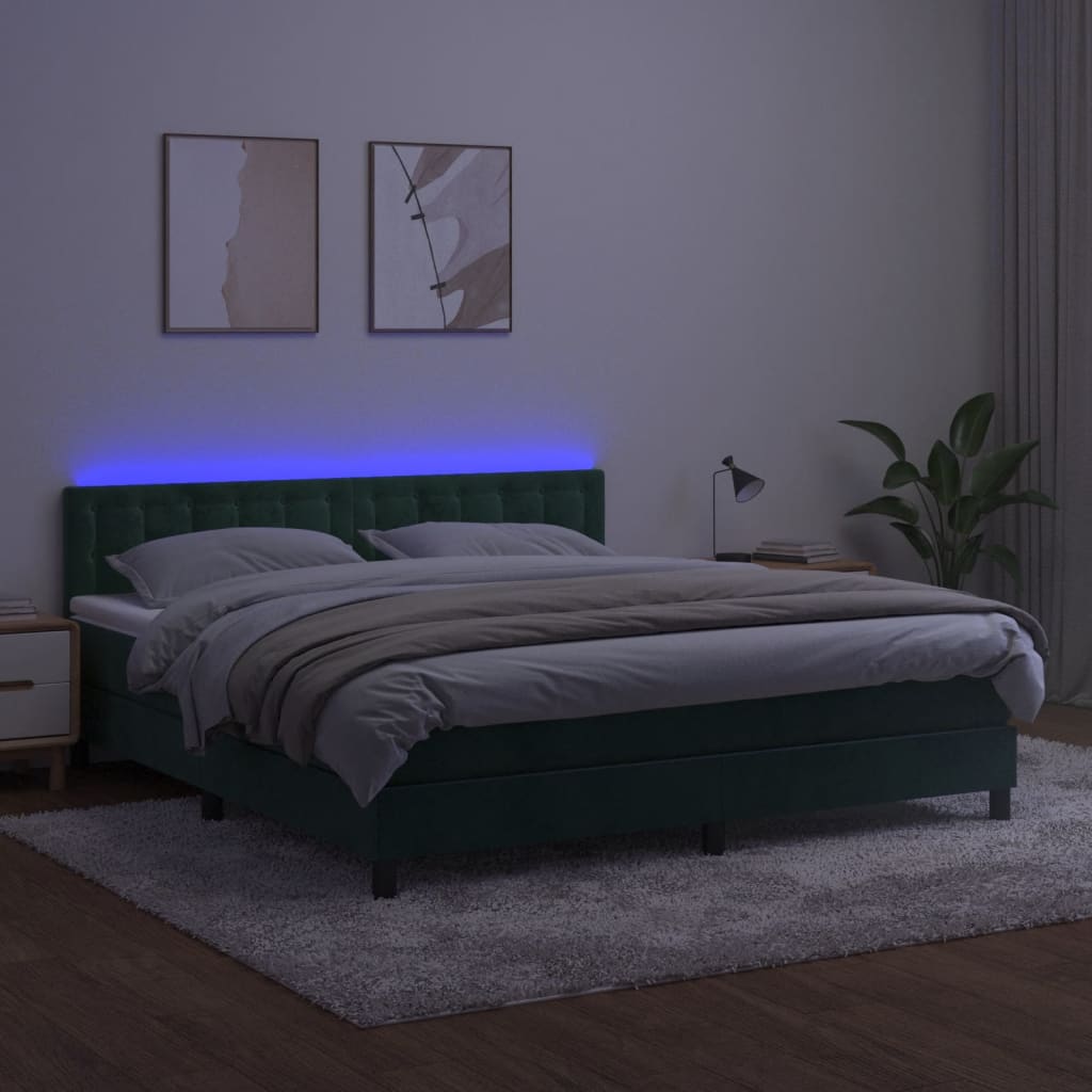 vidaXL Krevet box spring s madracem LED tamnozeleni 180x200 cm baršun