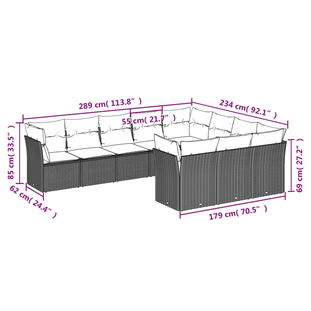 vidaXL 10-dijelni set vrtnih sofa s jastucima bež od poliratana