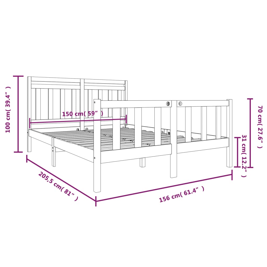 vidaXL Okvir za krevet od masivnog drva sivi 150 x 200 cm bračni