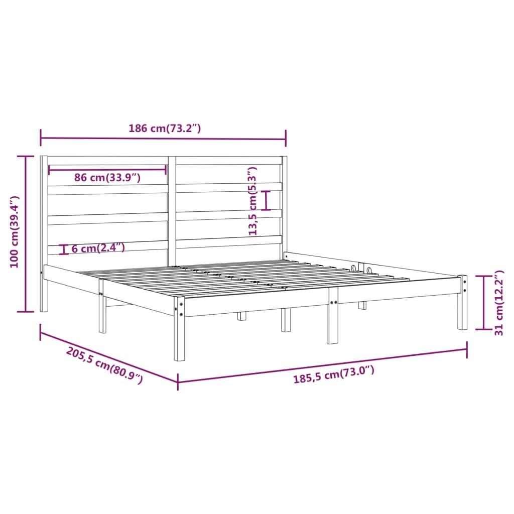 vidaXL Okvir za krevet od masivnog drva crni 180 x 200 cm 6FT bračni