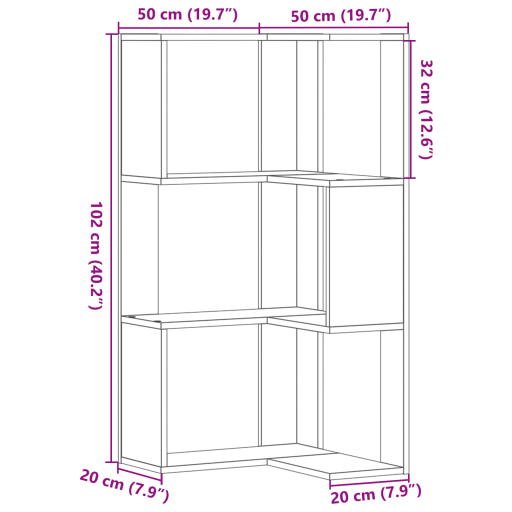 vidaXL Kutni regal z knjige 3 razine artisian hrast 50x50x102cm drveni