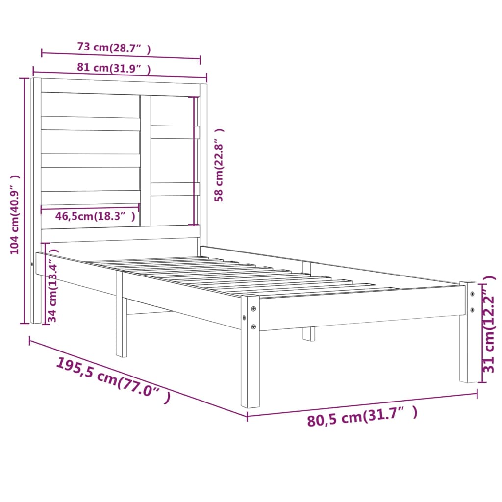 vidaXL Okvir za krevet od masivnog drva bijeli 75 x 190 cm mali