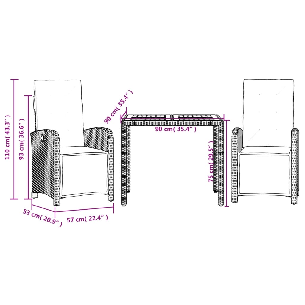 vidaXL 3-dijelni bistro set s jastucima crni od poliratana