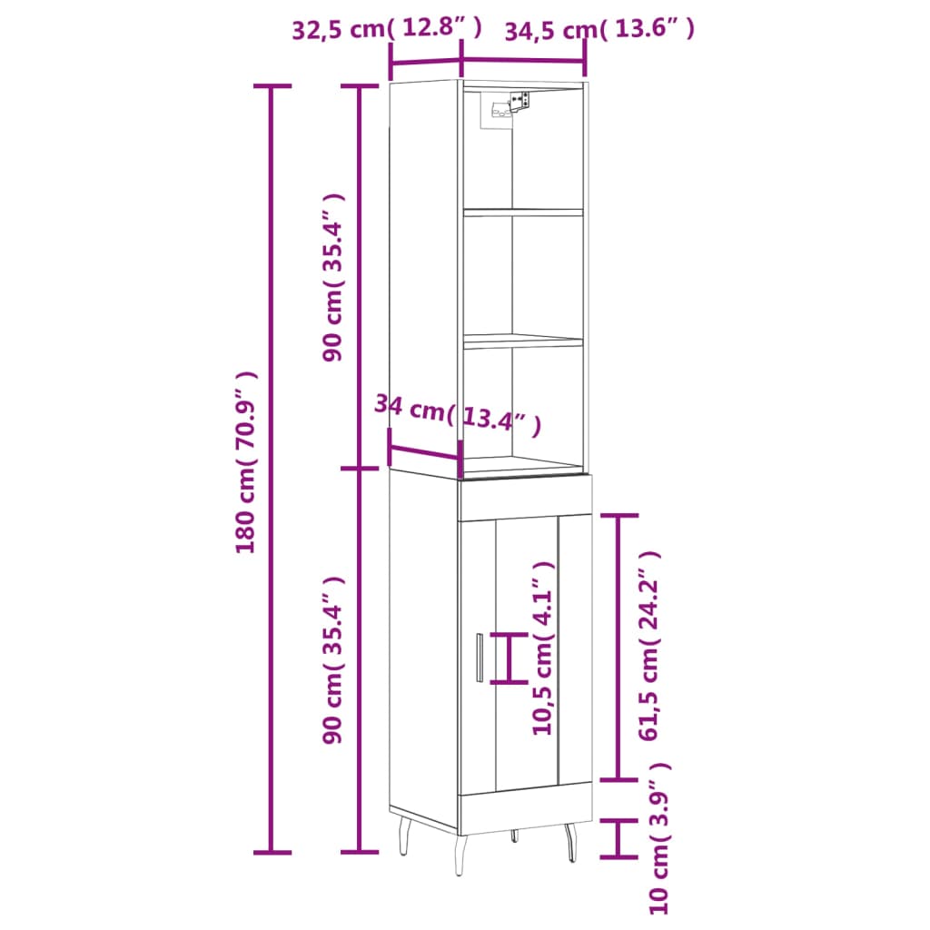 vidaXL Visoka komoda hrasta sonome 34,5x34x180cm od konstruiranog drva