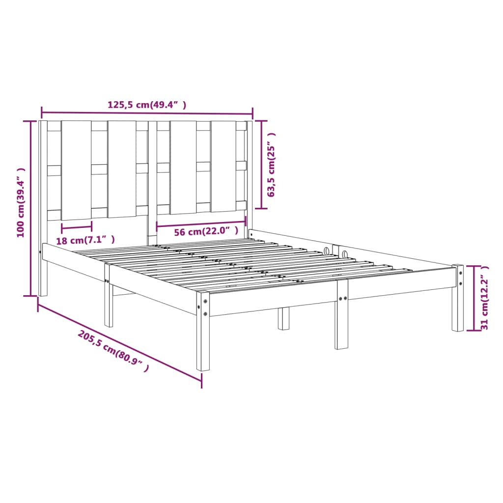 vidaXL Okvir za krevet od masivne borovine 120 x 200 cm