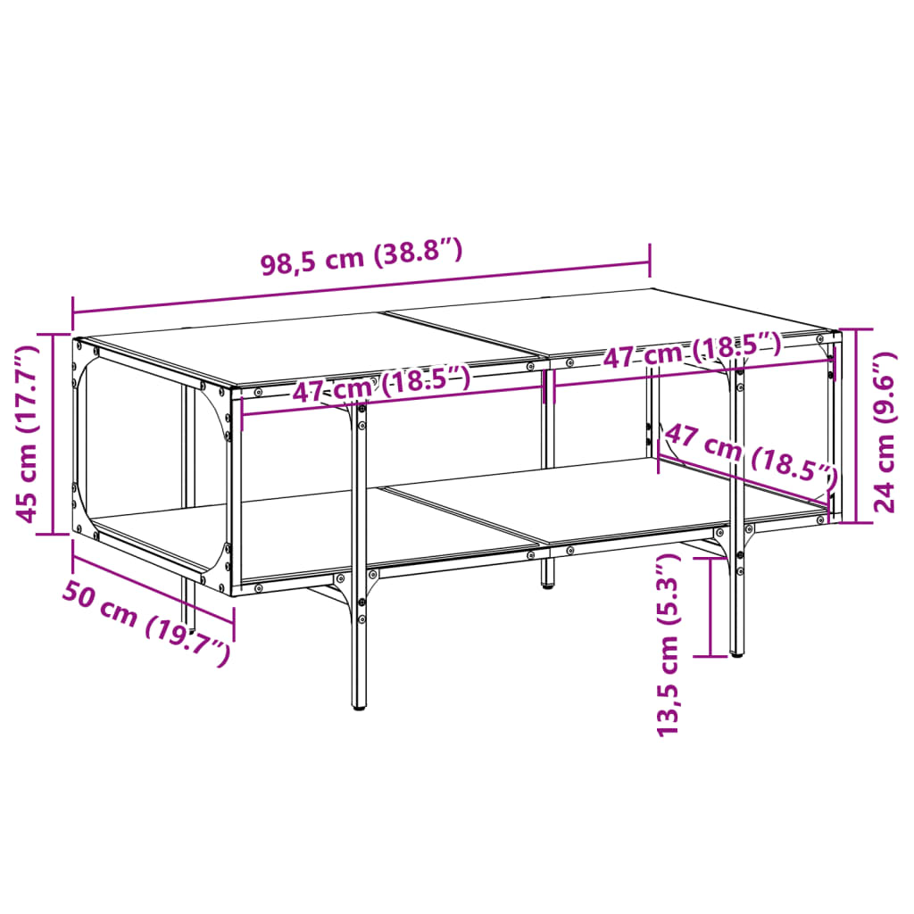 vidaXL Stolić s prozirnom staklenom površinom 98,5x50x45 cm čelik