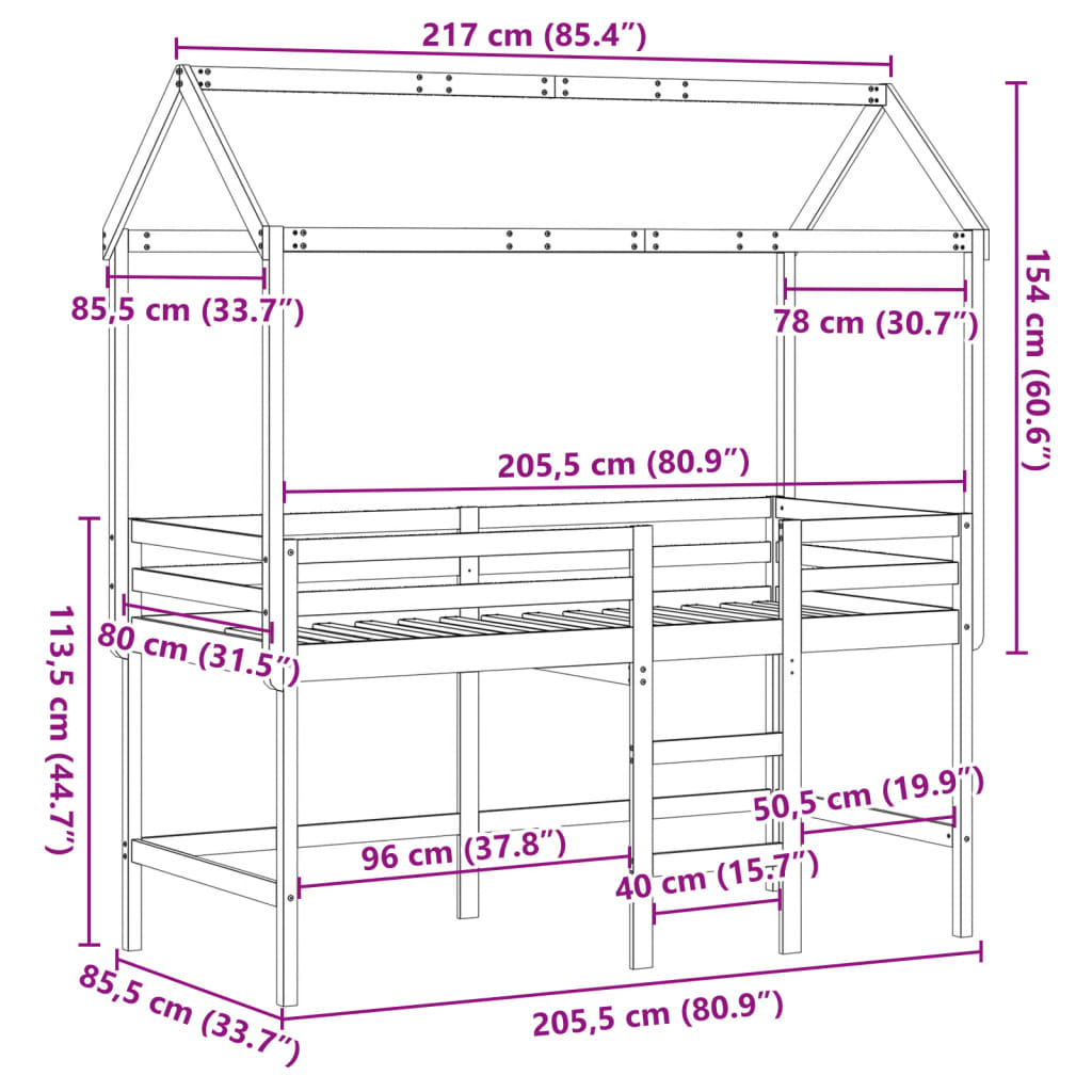 vidaXL Krevet na kat s ljestvama i krovom bijeli 80x200 cm od borovine