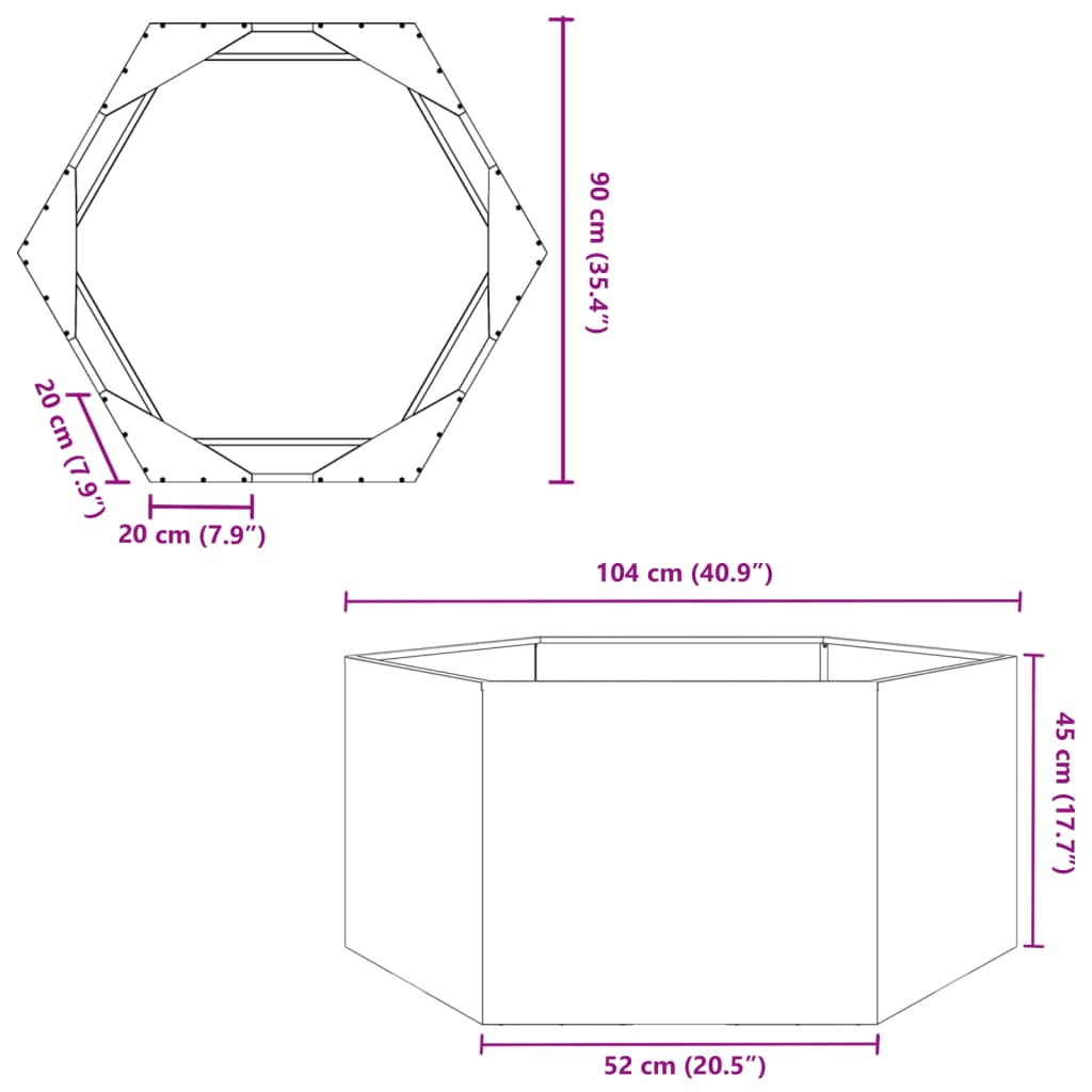 vidaXL Vrtna sadilica crna šesterokutna 104 x 90 x 45 cm čelična