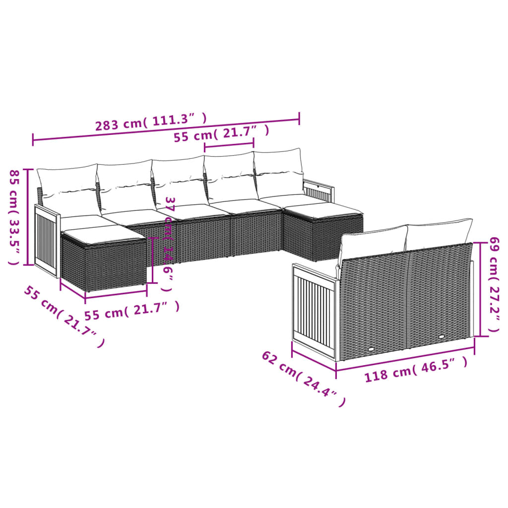 vidaXL 9-dijelni set vrtnih sofa s jastucima crni od poliratana