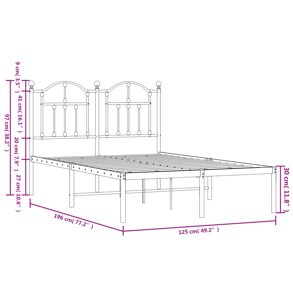 vidaXL Metalni okvir za krevet s uzglavljem bijeli 120 x 190 cm