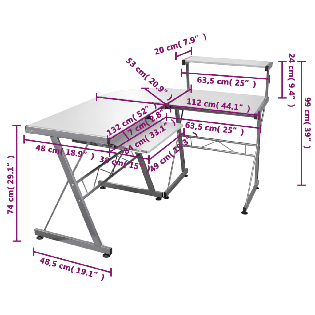 vidaXL Kutni stol za računalo bijeli 132x112x99 cm konstruirano drvo