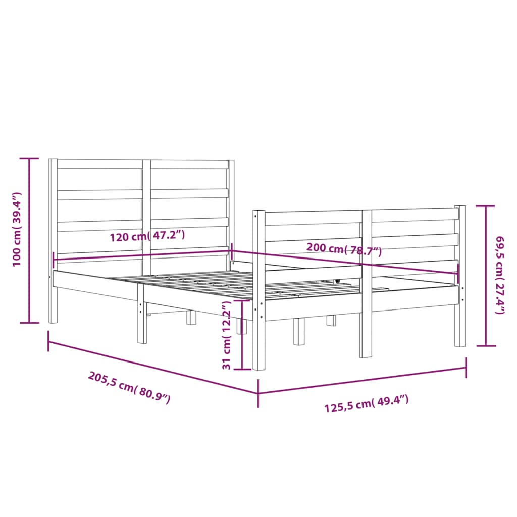 vidaXL Okvir za krevet od masivne borovine bijeli 120 x 200 cm