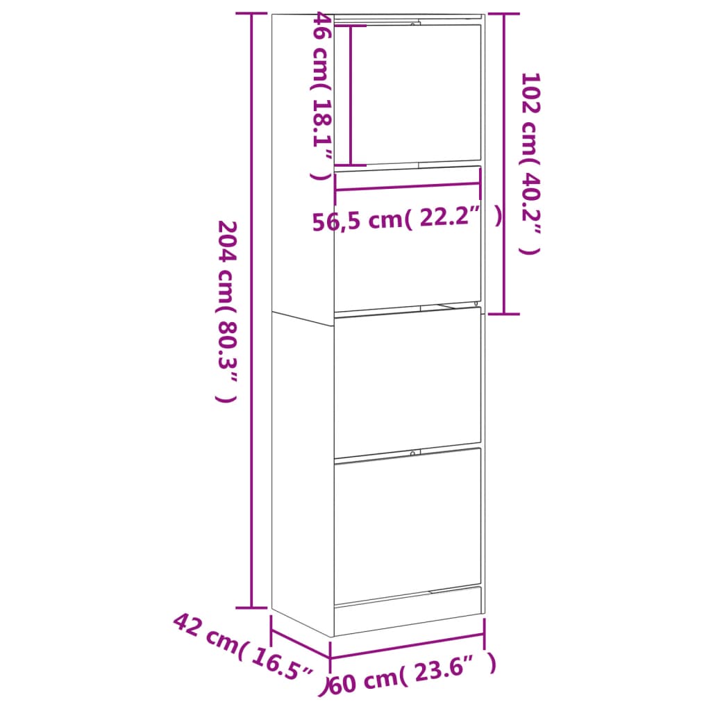 vidaXL Ormarić za cipele s 4 ladice boja hrasta 60x42x204 cm