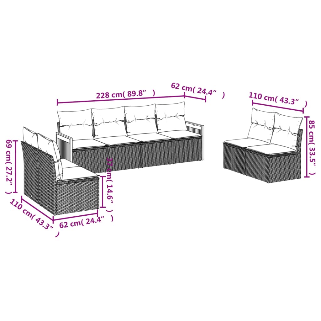 vidaXL 8-dijelni set vrtnih sofa od poliratana s jastucima crni