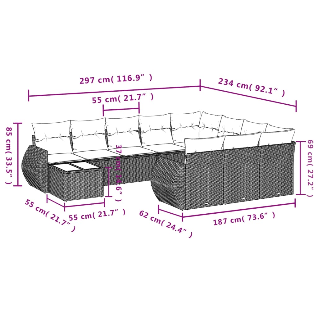 vidaXL 11-dijelni set vrtnih sofa od poliratana s jastucima crni