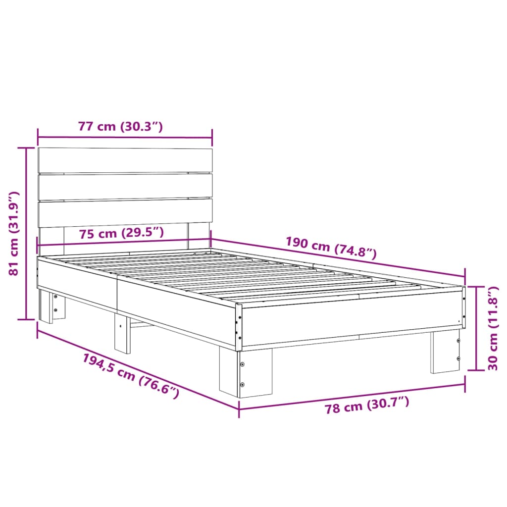 vidaXL Okvir za krevet smeđi hrast 75x190 cm konstruirano drvo i metal